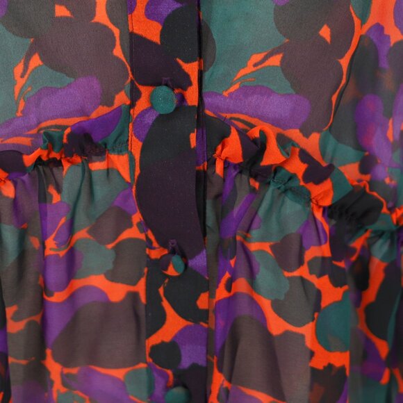 INCLAN STUDIO 100% Silk Ruffle Sleeve Sheer Purple Multi High-Low Blouse Size S - Picture 8 of 10